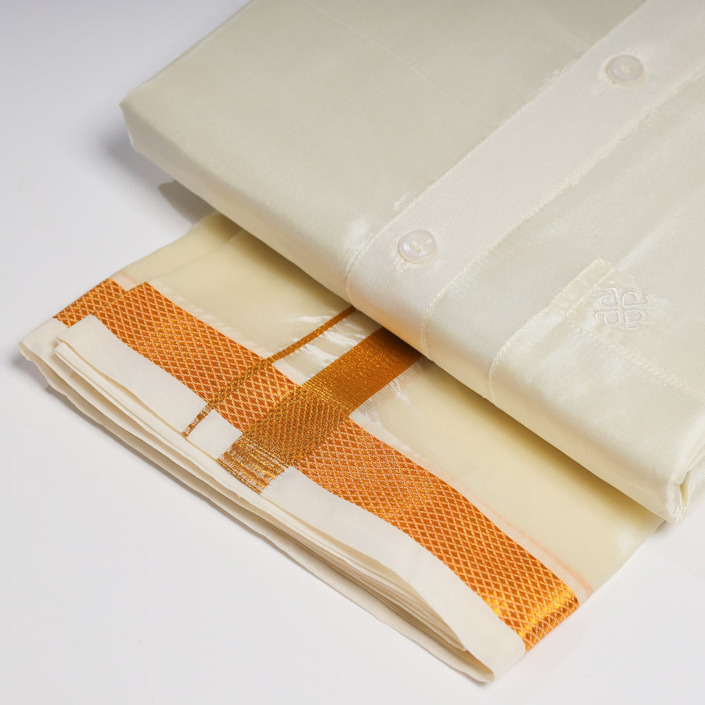 Mens Art Silk Combo Shirt and Dhoti Set Cream Color- ARULMOZHI