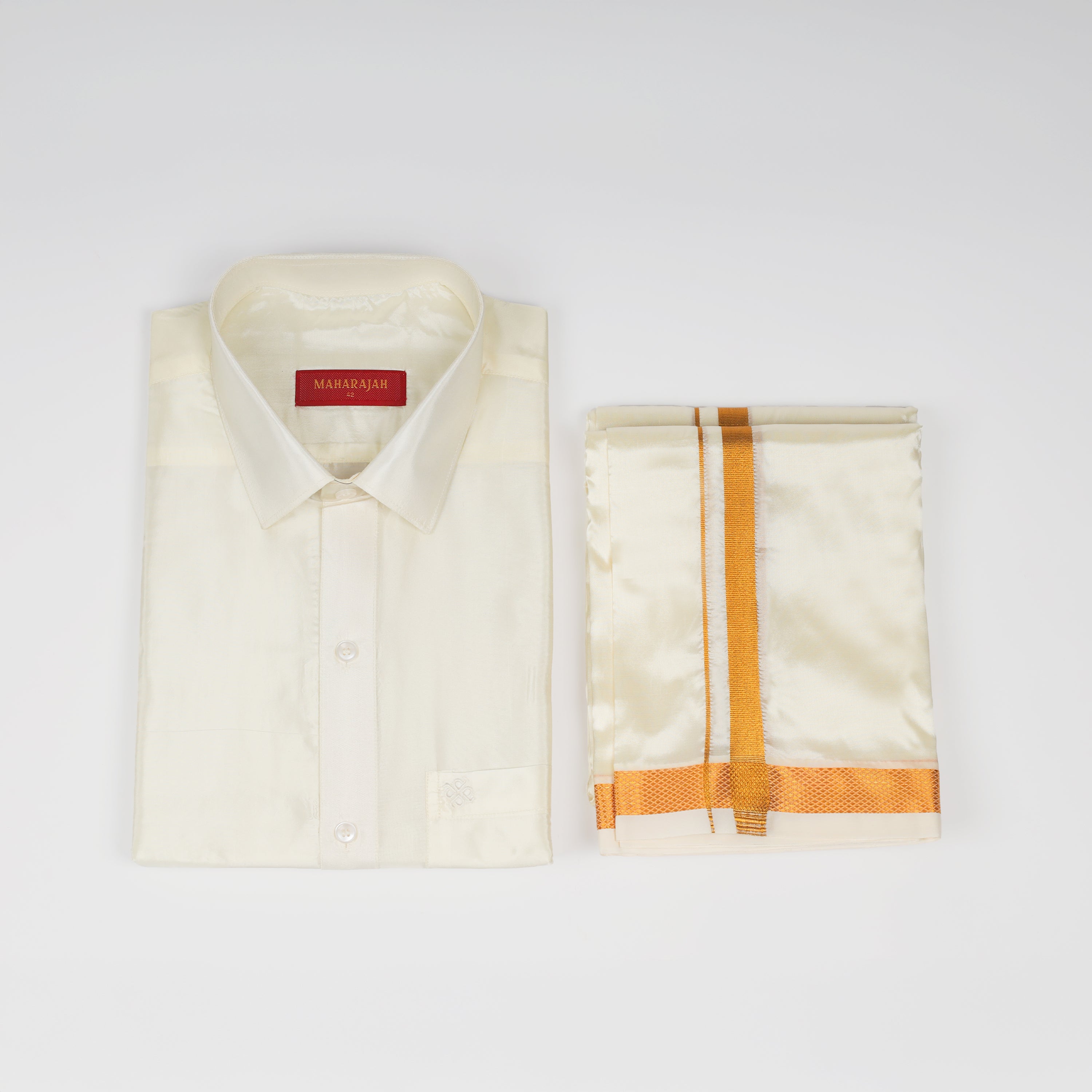 Mens Art Silk Combo Shirt and Dhoti Set Cream Color- ARULMOZHI